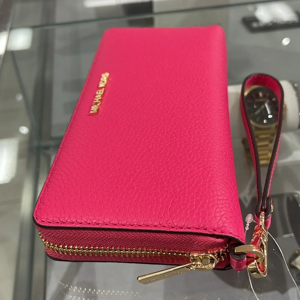 MICHAEL KORS Leather Continental Wristlet Phone Case Wallet Electric Pink NWT